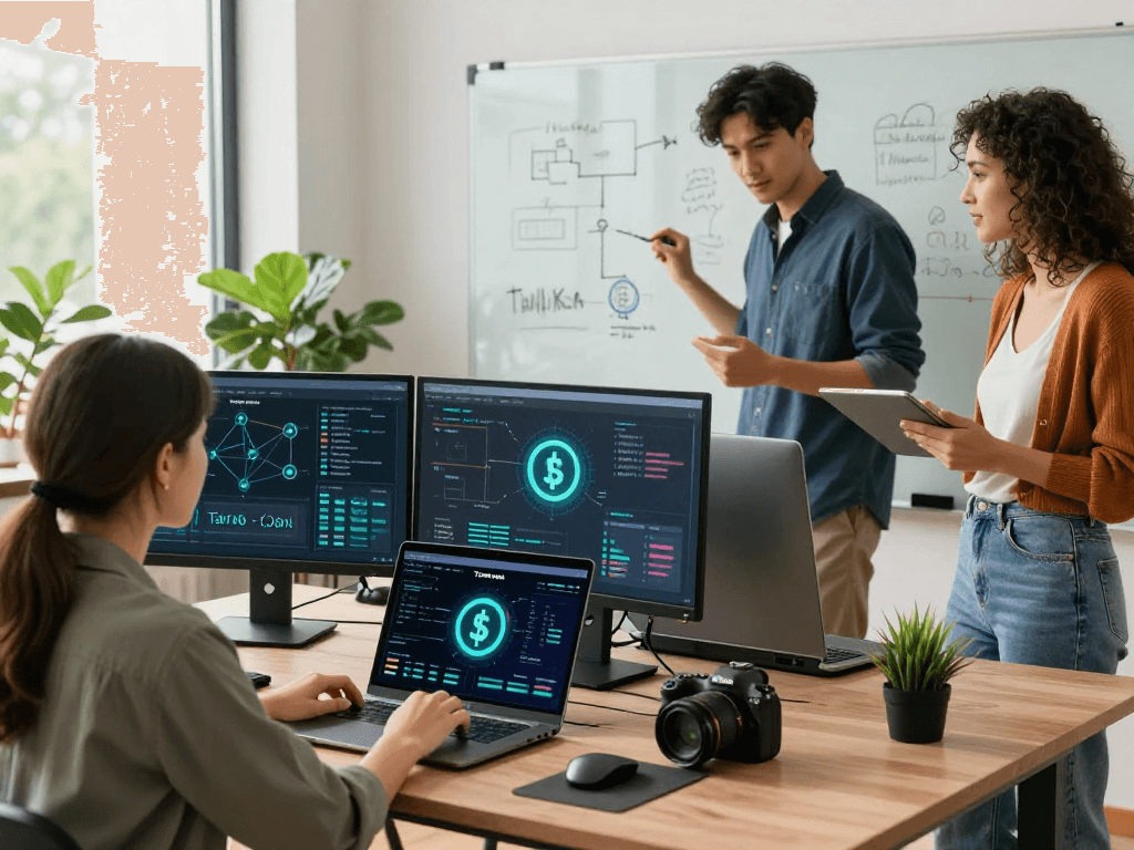 Engaging Tornado Cash scene with users collaborating in a tech workspace showcasing decentralized finance exploration.