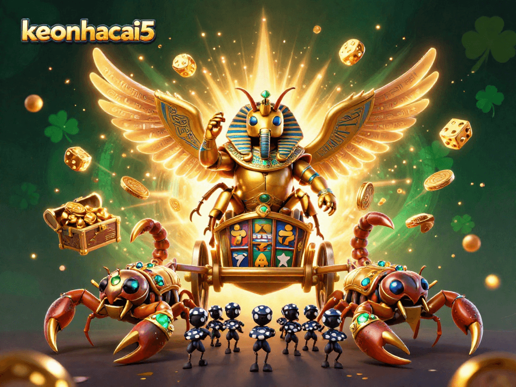 Experience epic gaming adventures with keonhacai5 amidst a vibrant casino explosion of coins and games.