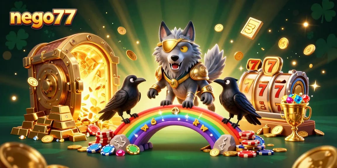 Experience the thrill of nego77 at a stunning casino scene with Odin, ravens, and slot elements.