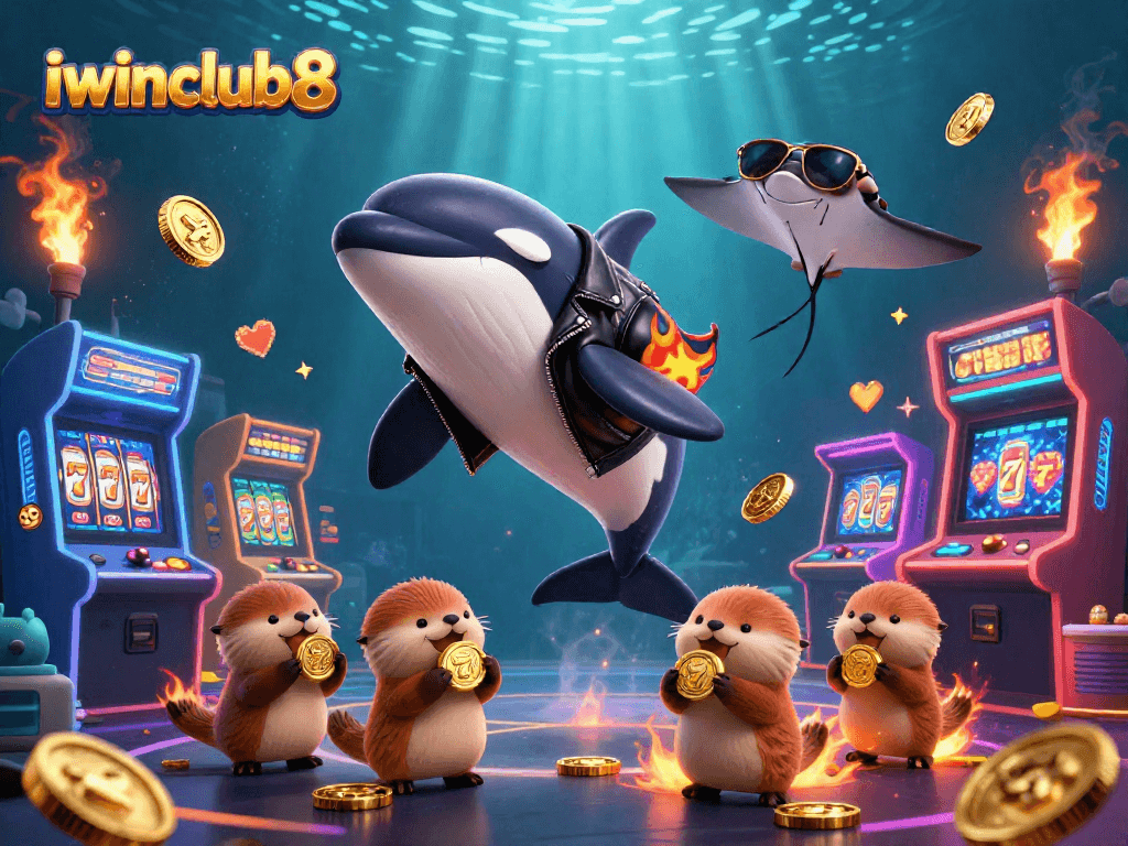 Engage with iwinclub8's exciting casino world featuring a dynamic underwater scene of characters celebrating with coins.