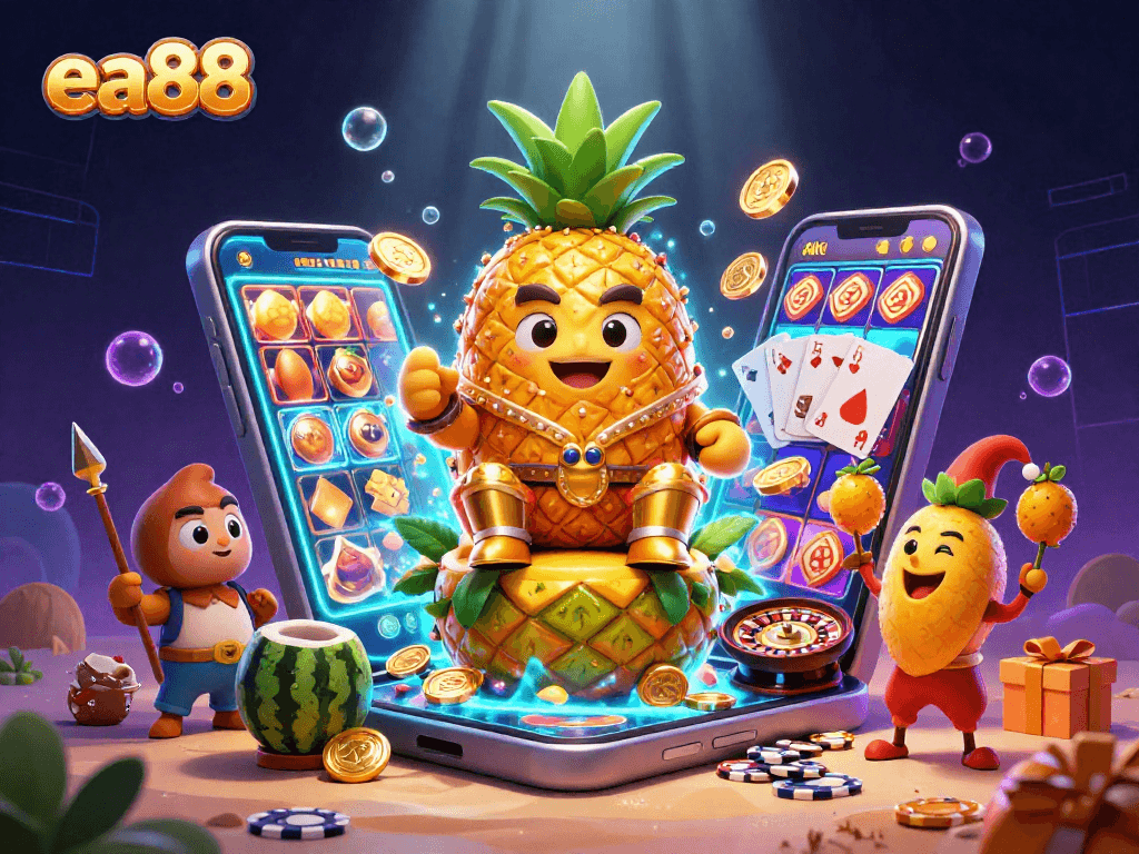 Experience the thrilling games at ea88 with a vibrant scene highlighting the slot games and joyous characters.