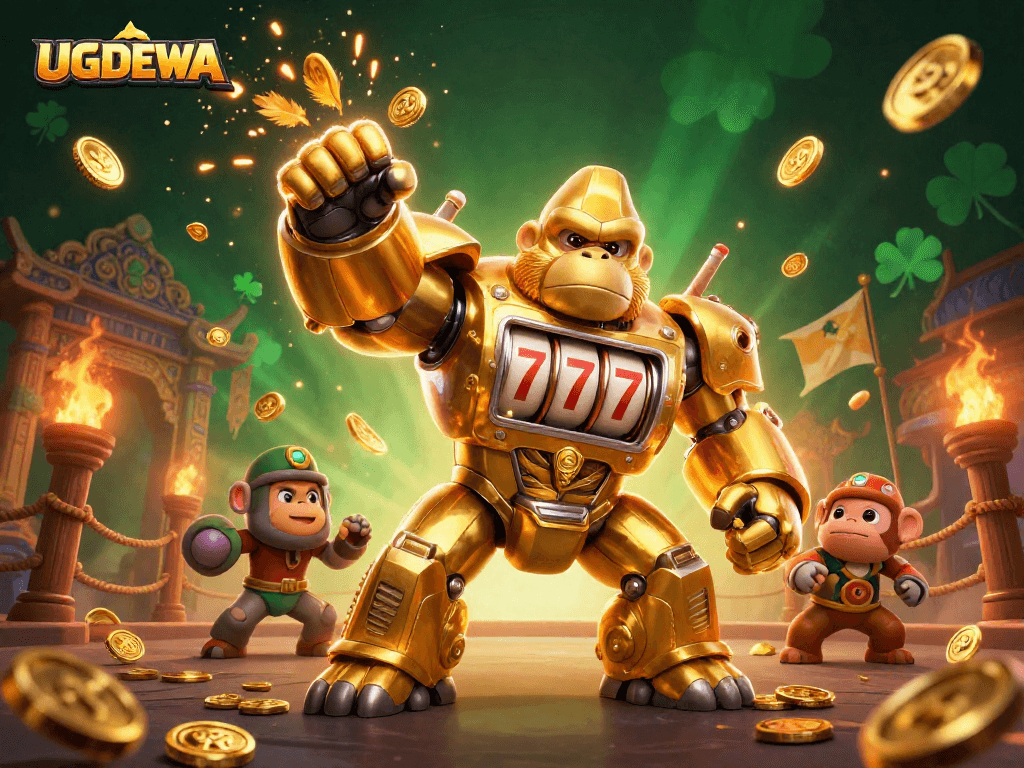 Experience thrilling gameplay with UGDEWA's golden gorilla mech in a dynamic casino setting.