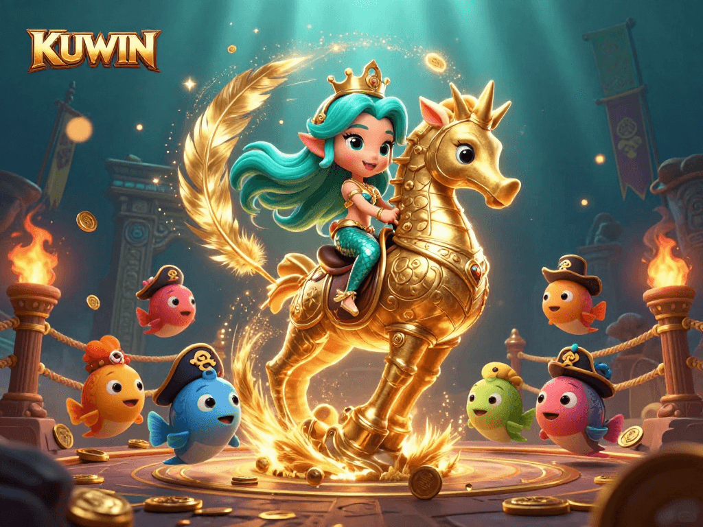 Engage with KUWIN in a vibrant underwater gambling scene with mermaids and sea creatures.