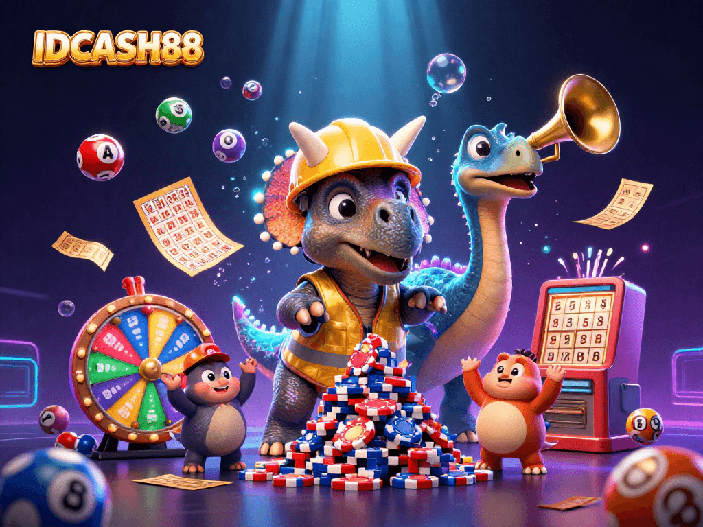 Experience the excitement of winning with IDCASH88 as the cartoon triceratops builds a poker chip pyramid.
