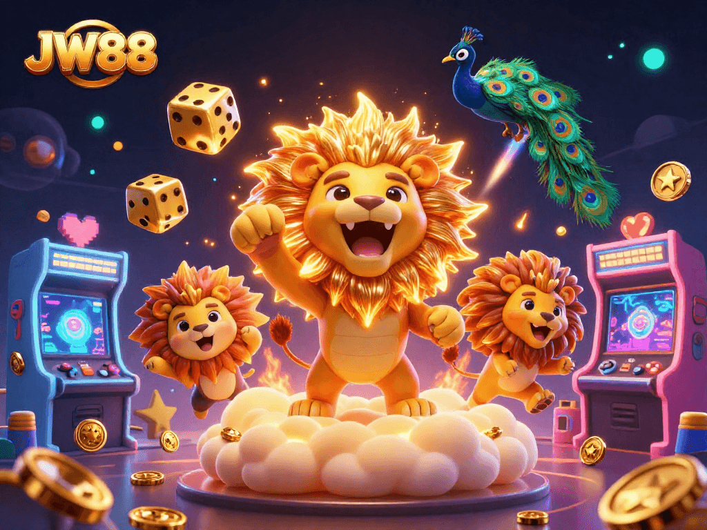 Engage in thrilling JW88 gaming with vibrant 3D visuals of roaring lion, cosmic dice, and arcade action.