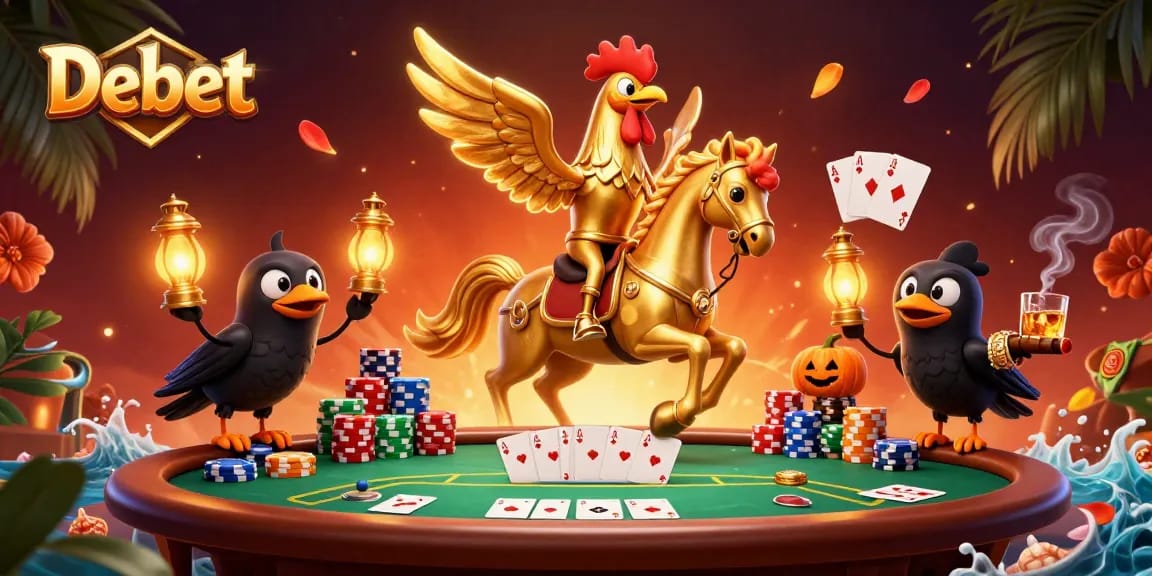 Bet on Debet in a lively casino scene featuring a golden rooster riding a spectral horse.