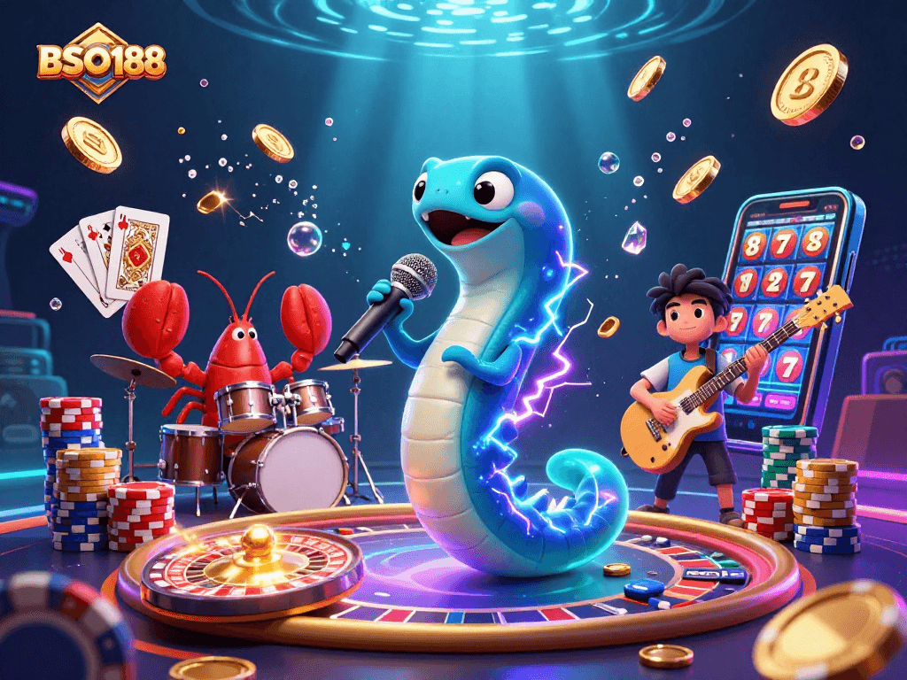 Experience the thrill of BSO188 with electric eel DJ, lively casino ambiance, and dynamic gaming elements!