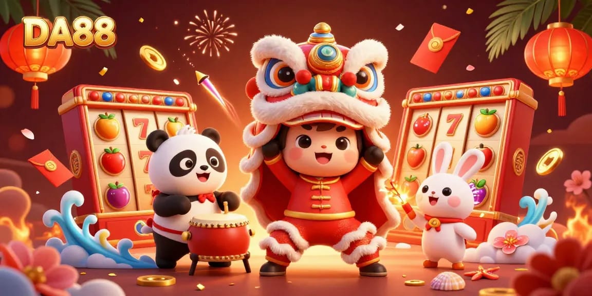 Experience thrilling gaming with DA88 featuring a vibrant lion dance, lucky symbols, and festive designs.
