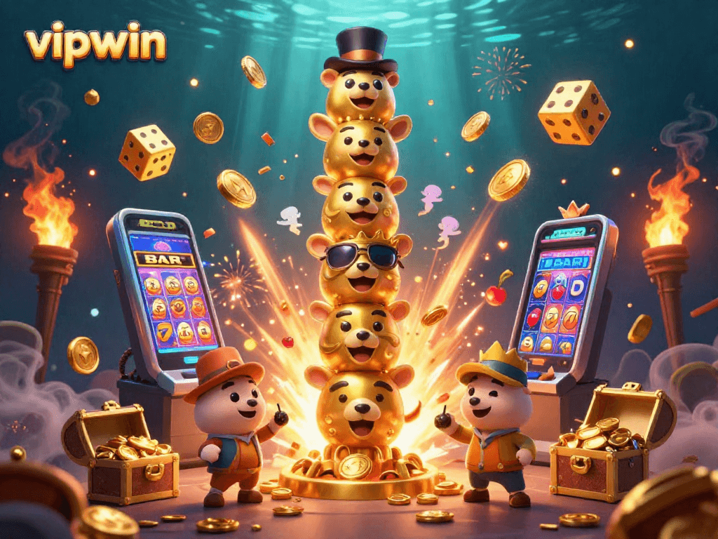 Experience excitement at vipwin with a colorful dynamic casino scene featuring vibrant totem poles and jackpot elements.