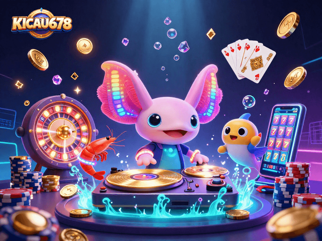 KICAU678 showcases an energetic underwater casino scene with a neon axolotl DJ spinning records.