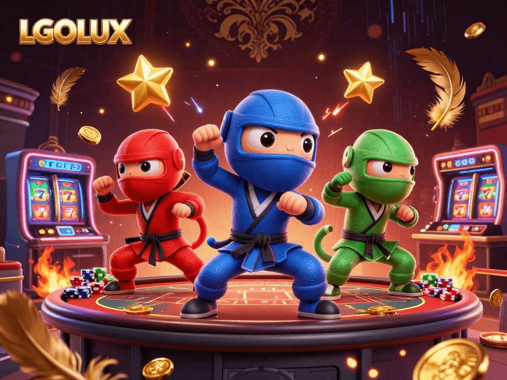 Experience thrilling gameplay with LGOLUX in an ultra-detailed 3D scene featuring a ninja chameleon team.