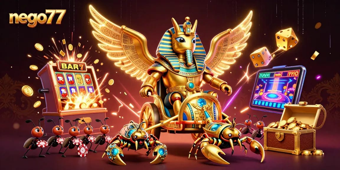 Nego77 showcases a dynamic casino scene with gold scarab and scorpions amidst jackpot excitement.