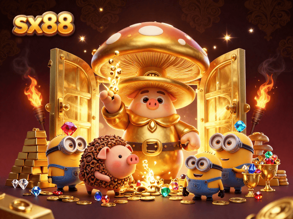 Sx88 showcases a golden mushroom wizard casting treasure spells with gems and gold in a vibrant casino setting.
