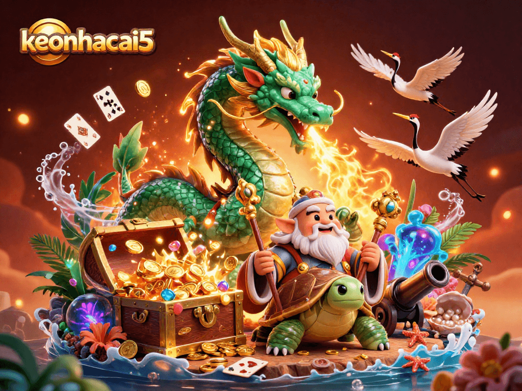 Engage with keonhacai5 as a jade dragon breathes fire in a vibrant casino-themed digital scene.
