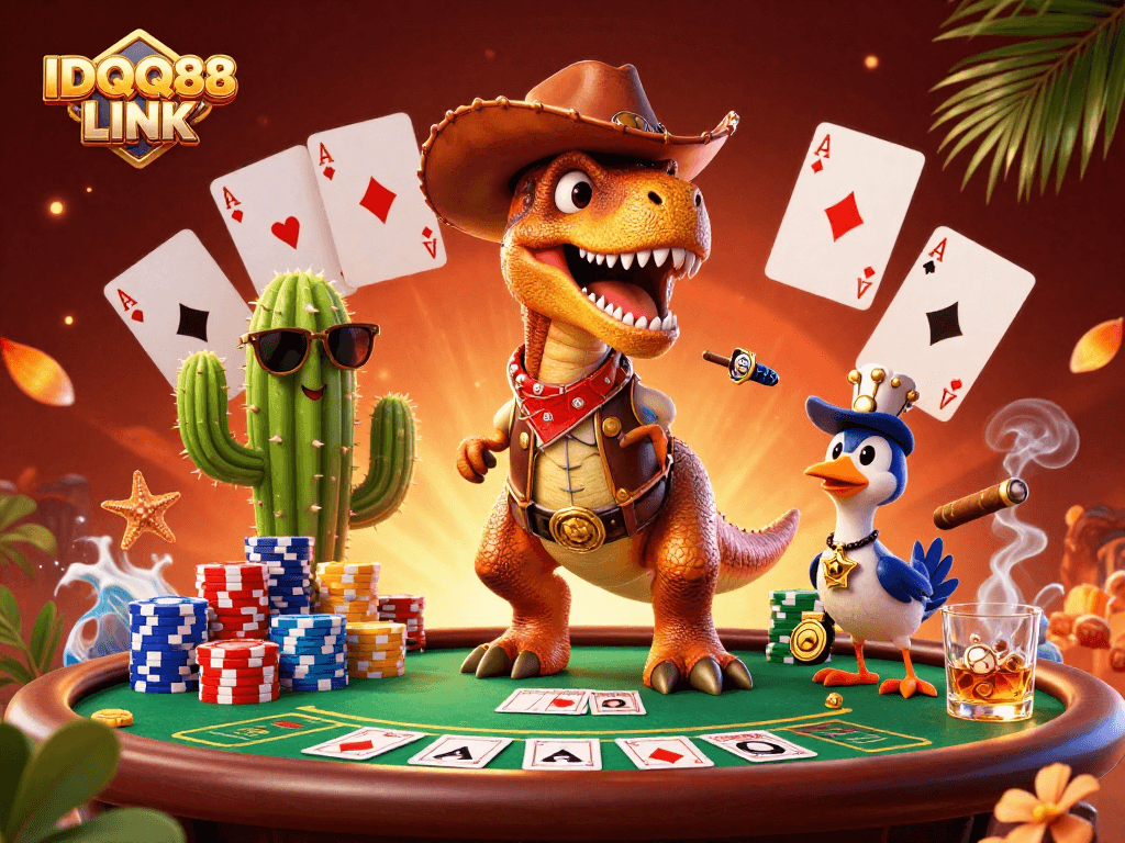 Experience the thrill of IDQQ88 LINK with a vibrant 3D casino illustration showcasing poker excitement.