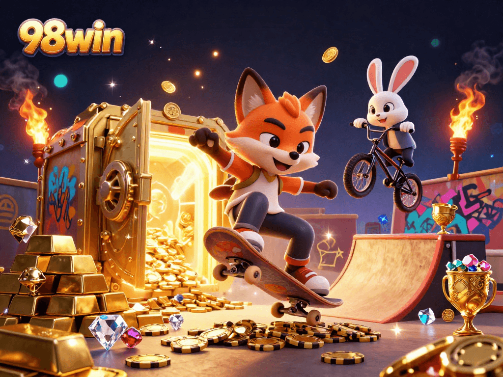 Experience the excitement of 98win with a lively 3D illustration featuring vibrant casino elements and characters.