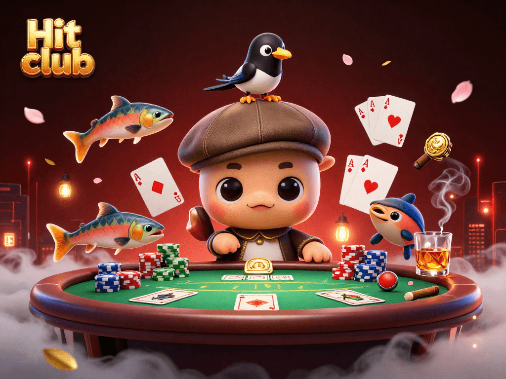 Engage with Hit club's vibrant casino scene featuring playful characters and rich poker elements.