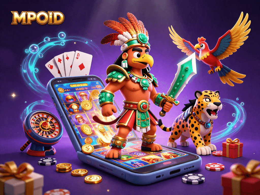 MPOID offers thrilling slots gameplay with a dynamic Aztec-inspired illustration showcasing an eagle warrior, perfect for gamblers
