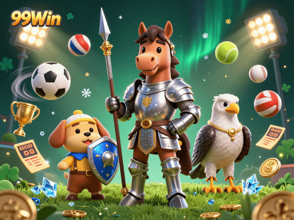 Win big at 99Win in this vibrant 3D illustration featuring knights and exciting sports elements.