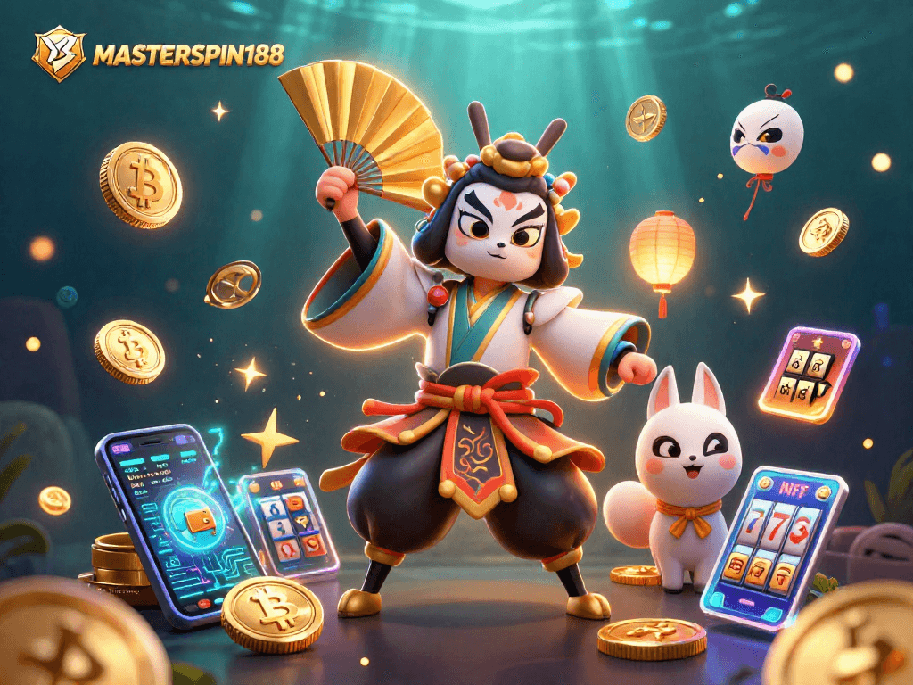 Engage with MASTERSPIN188's vibrant casino scene featuring a kabuki warrior amidst cryptocurrency and slot elements.