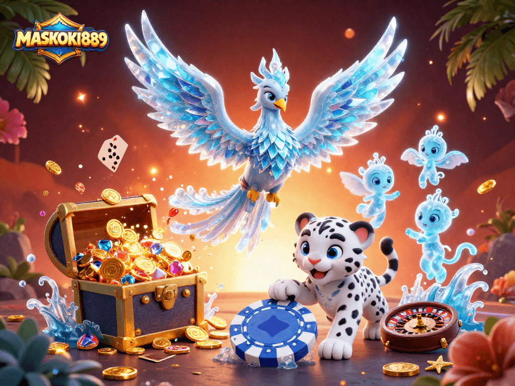 Engage in thrilling gameplay at MASKOKI889 with vibrant casino elements and characters.
