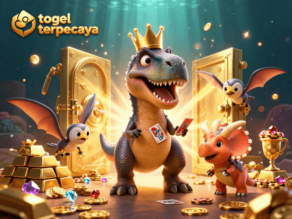 Win big with togel terpercaya in an exciting casino scene featuring a T-Rex and friends.