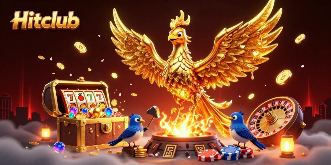 Hitclub scene featuring a golden phoenix and vibrant casino elements, symbolizing luck and wealth.