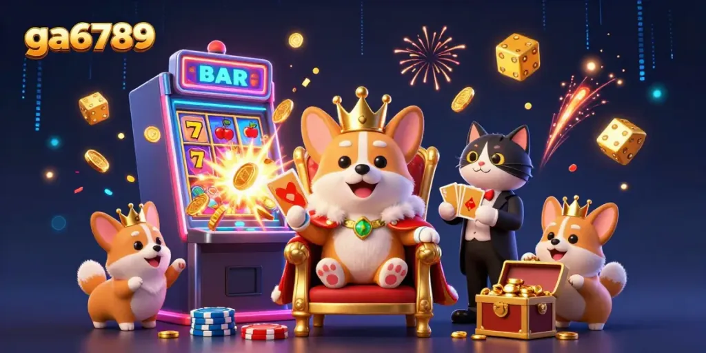 Experience thrilling fun at ga6789 with a royal corgi on a throne surrounded by dazzling casino elements.