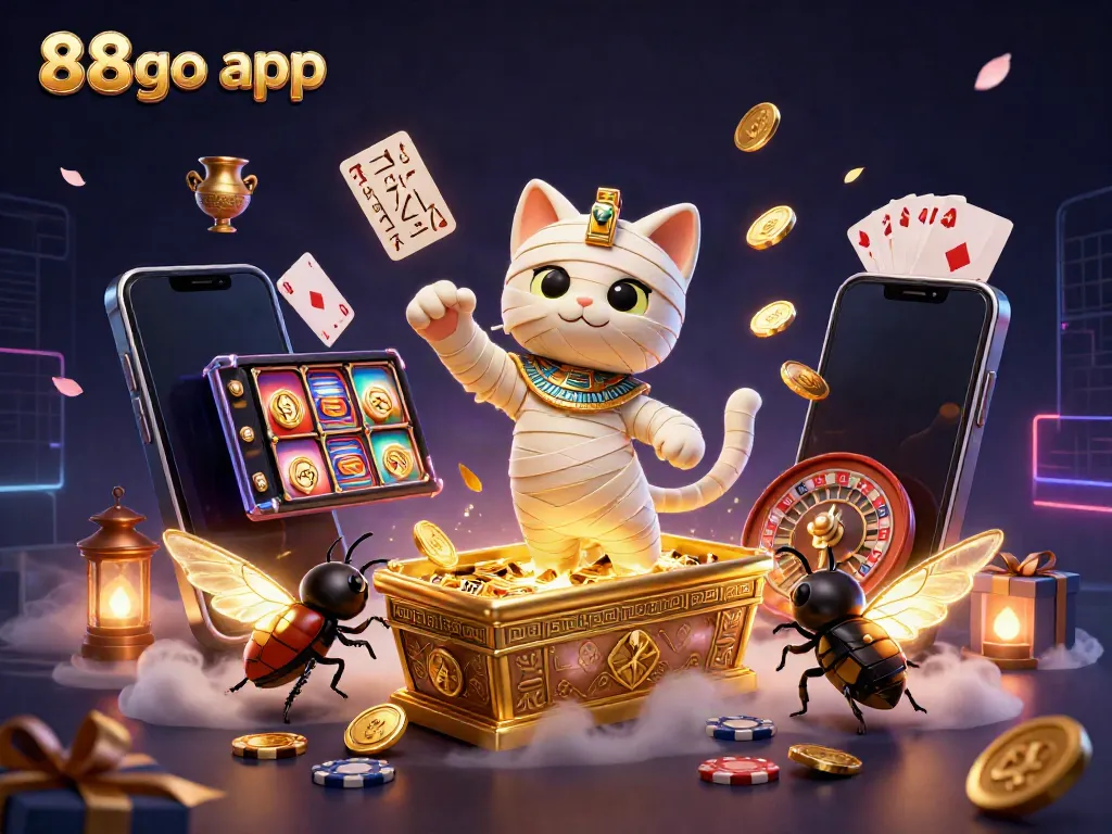 Experience the exciting 88go app with a mythical scene featuring a casino mummy cat and dynamic gaming elements.
