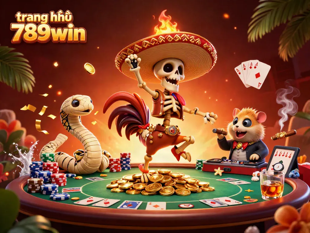 Experience the vibrant action at trang chủ 789win with a lively 3D casino scene featuring a dancing mariachi rooster, mummy snake, and DJ hamster.
