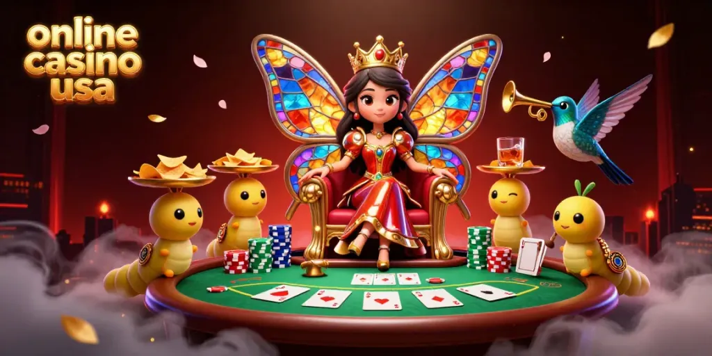 Experience the vibrant online casino usa scene with a butterfly queen and poker elements.