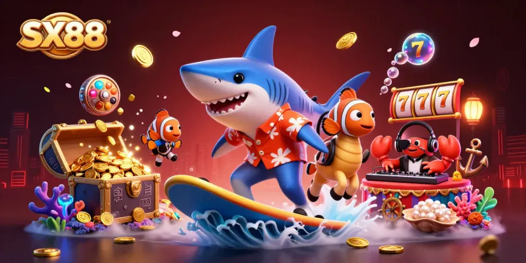 SX88-themed dynamic casino illustration featuring a shark and friends enjoying winning with slots.