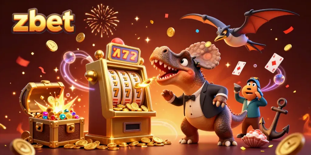 Engaging scene of zbet slot game with a cartoon dinosaur celebrating jackpot payout while coins fly around.