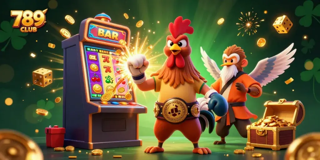 Play with 789CLUB's vibrant casino scene featuring a Muay Thai rooster, a Shaolin monkey, and exciting gaming elements.