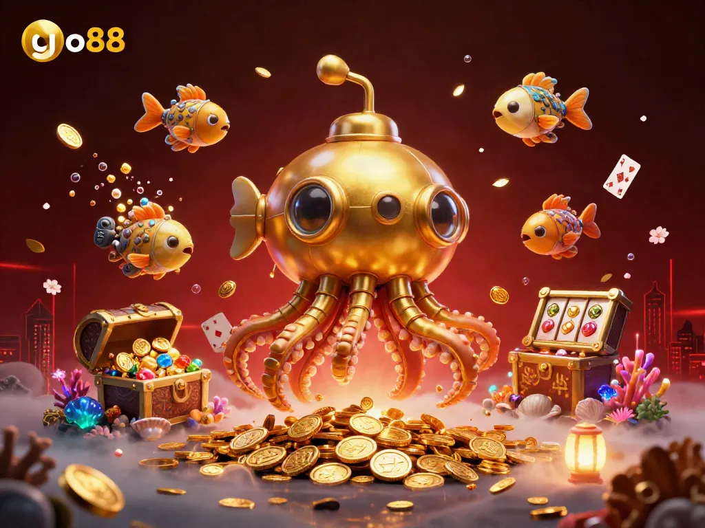 Engage in thrilling gameplay at go88, featuring a golden kraken submarine amidst coins and vibrant gaming elements.
