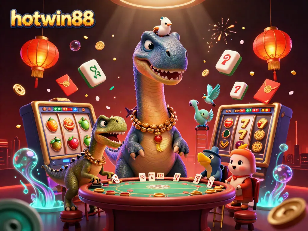 Engage with hotwin88's thrilling casino world featuring lively characters, vibrant game elements, and a festive atmosphere.