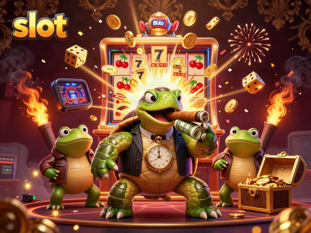 Win big with lively slot-themed characters in this vibrant 3D casino illustration.
