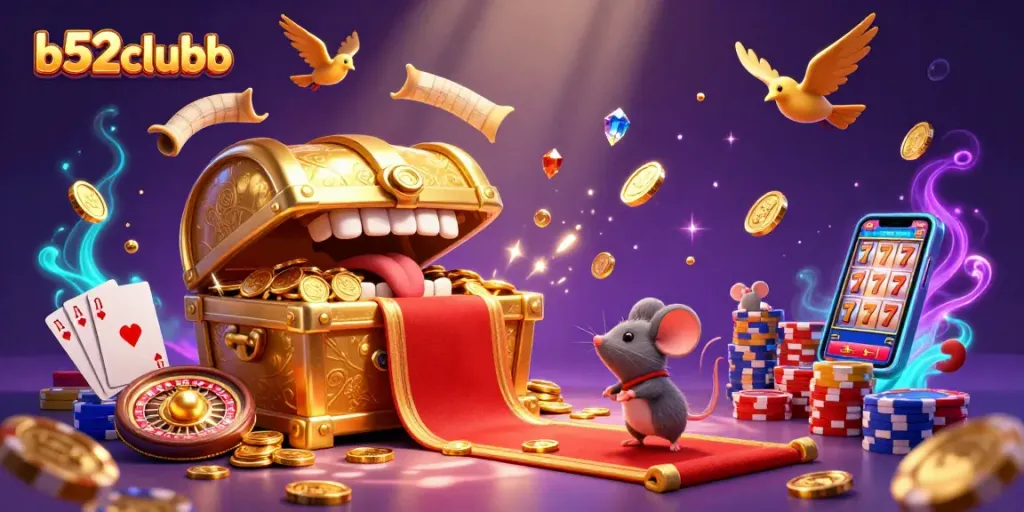 Engaging illustration of b52clubb casino gaming scene with treasure chest and vibrant casino elements.