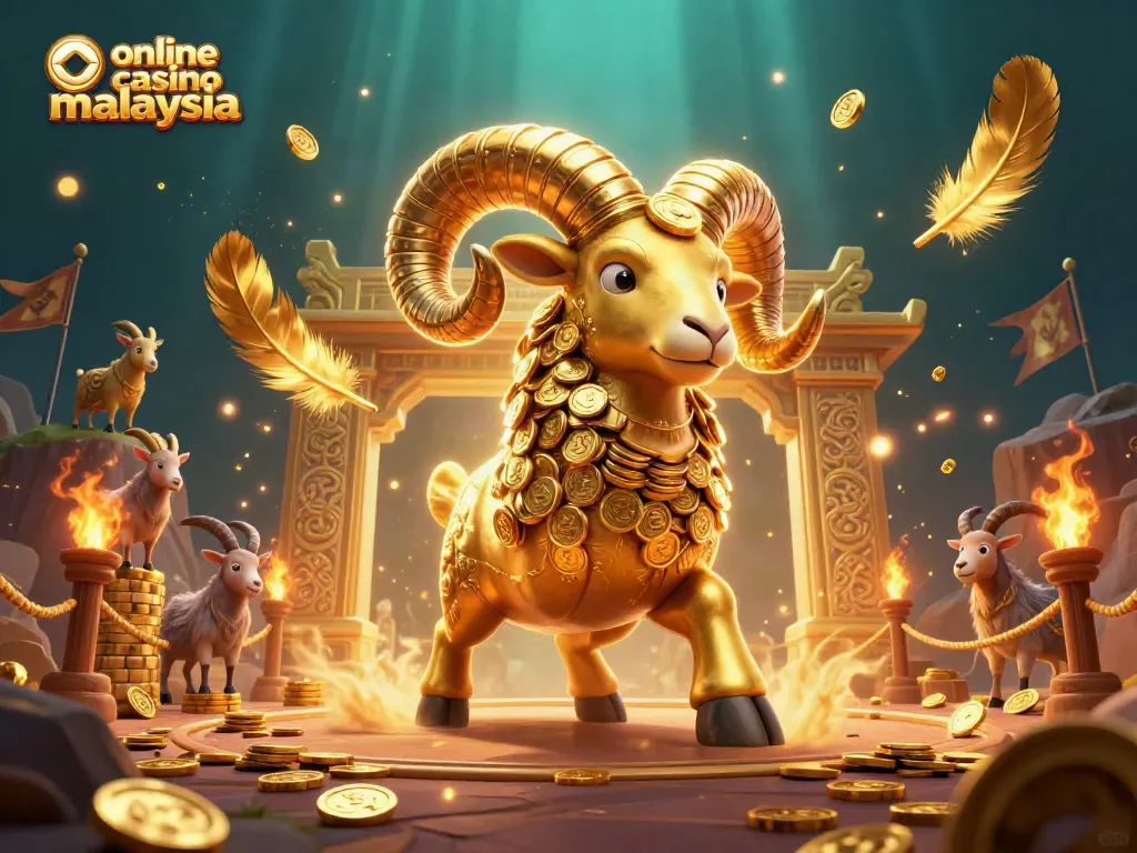 Experience the thrilling action at online casino malaysia depicted by a golden ram charging through a vibrant casino scene.