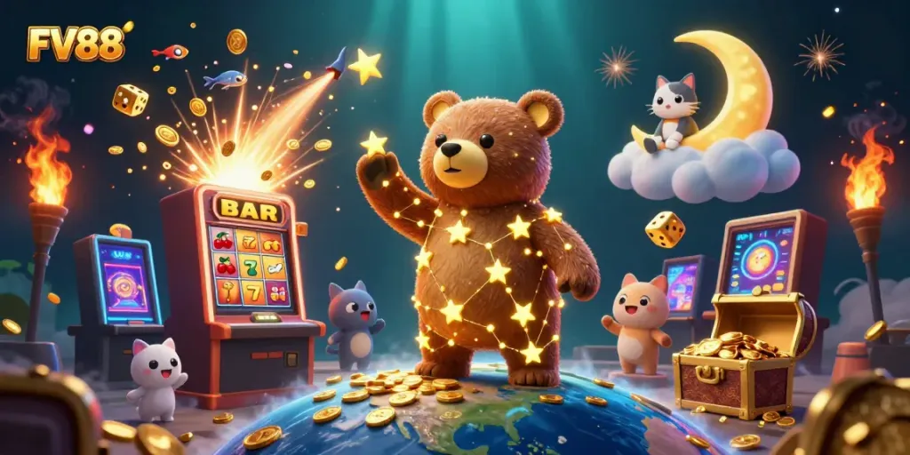 Experience thrilling wins at FV88 with a vibrant 3D casino-themed illustration featuring sparkling elements.