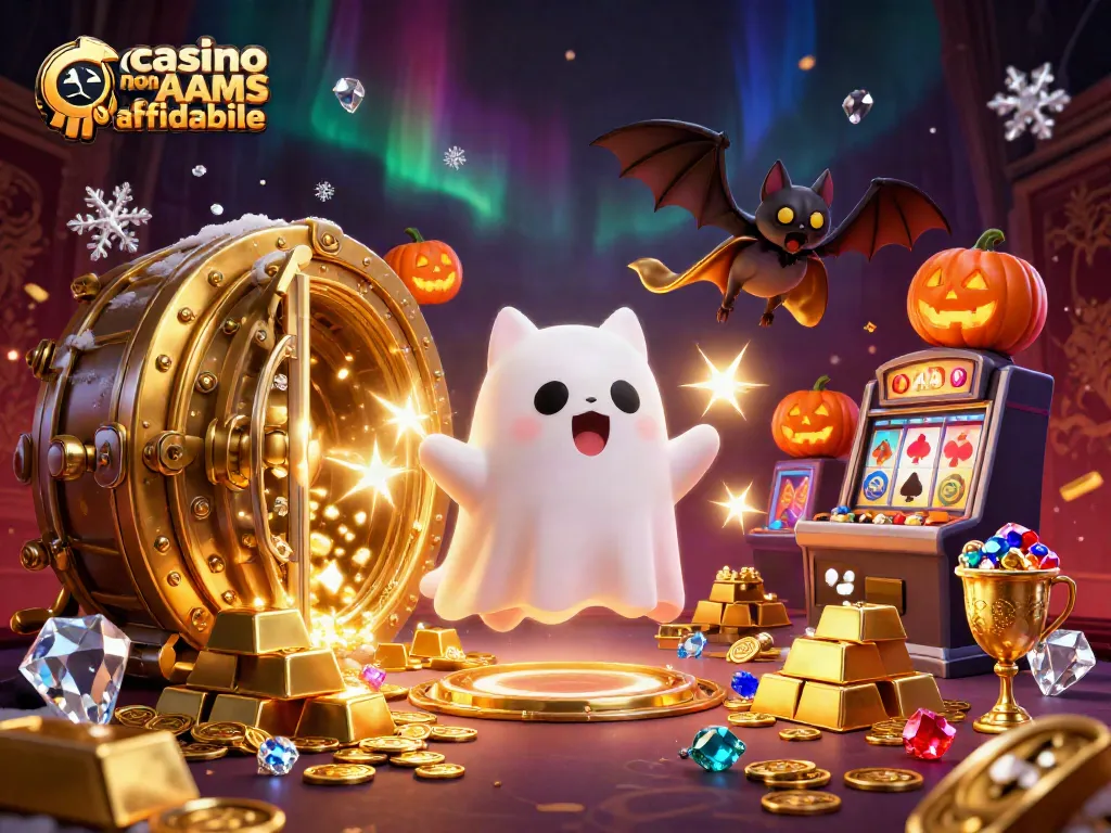 Immagine di un gatto fantasma in un casinò non AAMS affidabile, circondato da tesori scintillanti e giochi.