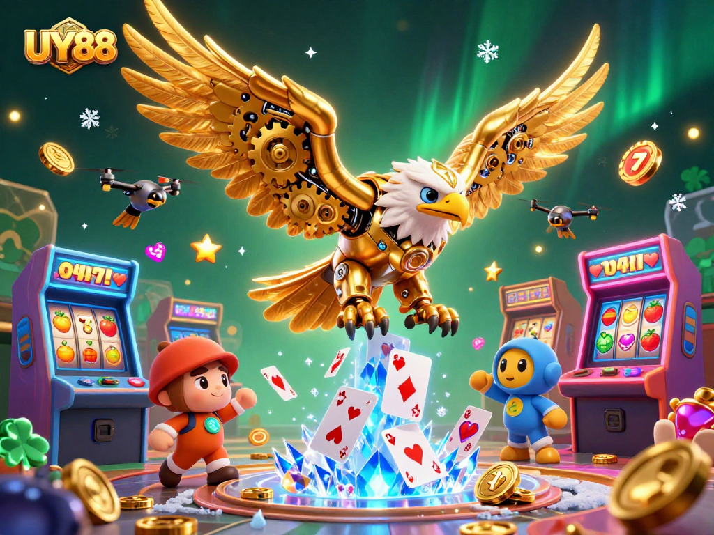 Experience thrilling wins with UY88 in this vibrant 3D casino scene full of slots.