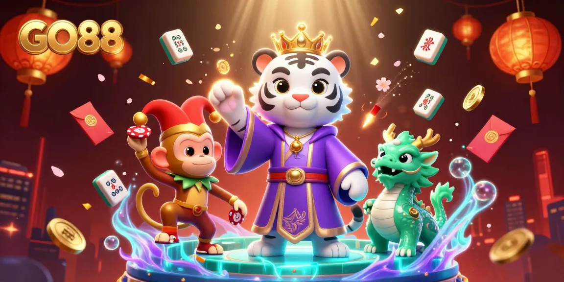 Experience thrilling action at GO88 with an elegant tiger, playful monkey, and jade dragon in casino-themed adventure.