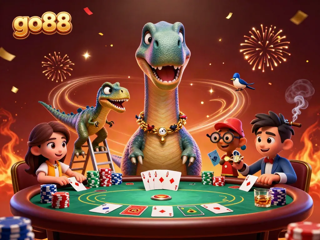 Experience the vibrant game scene at go88 with a dinosaur dealer and dynamic poker table action.