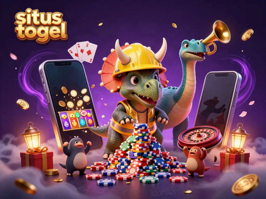 Engage with situs togel in a vibrant, celebratory casino scene featuring cheerful dinosaurs and dynamic gambling elements.