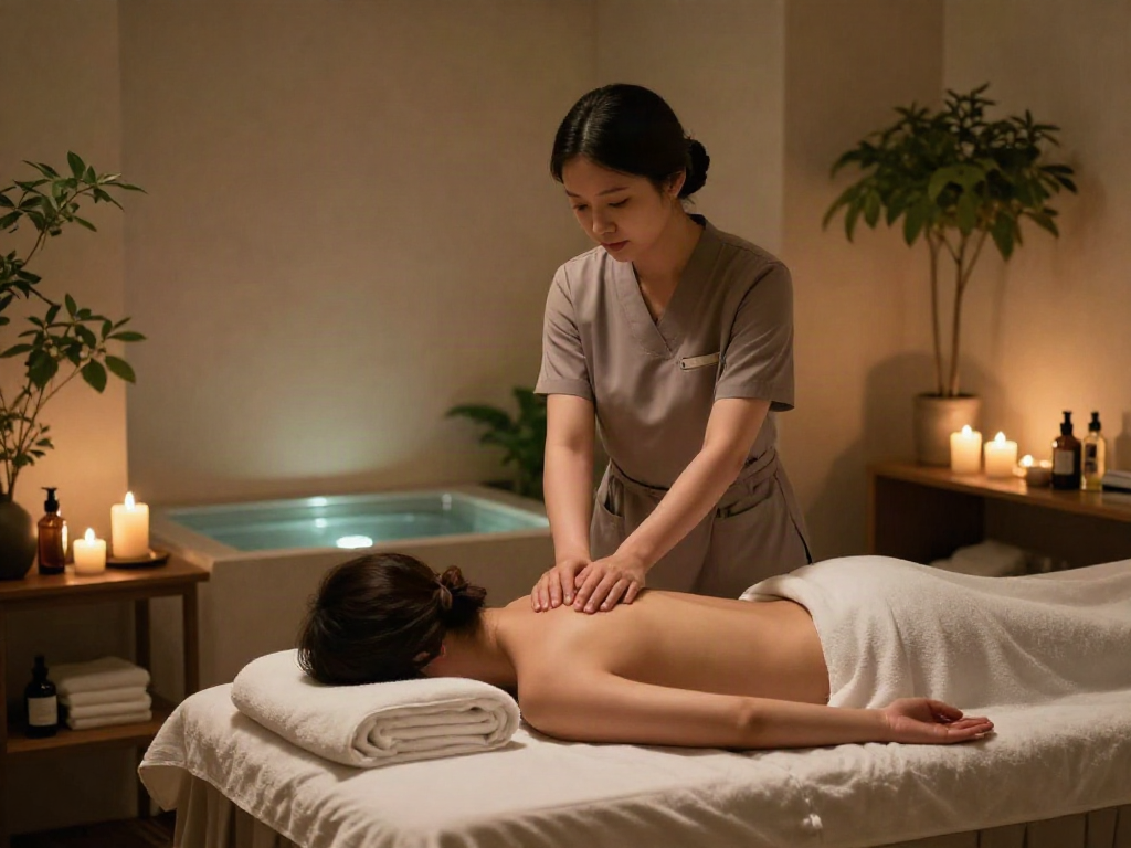 Relaxing 성남출장마사지 in tranquil spa setting with soft lighting.