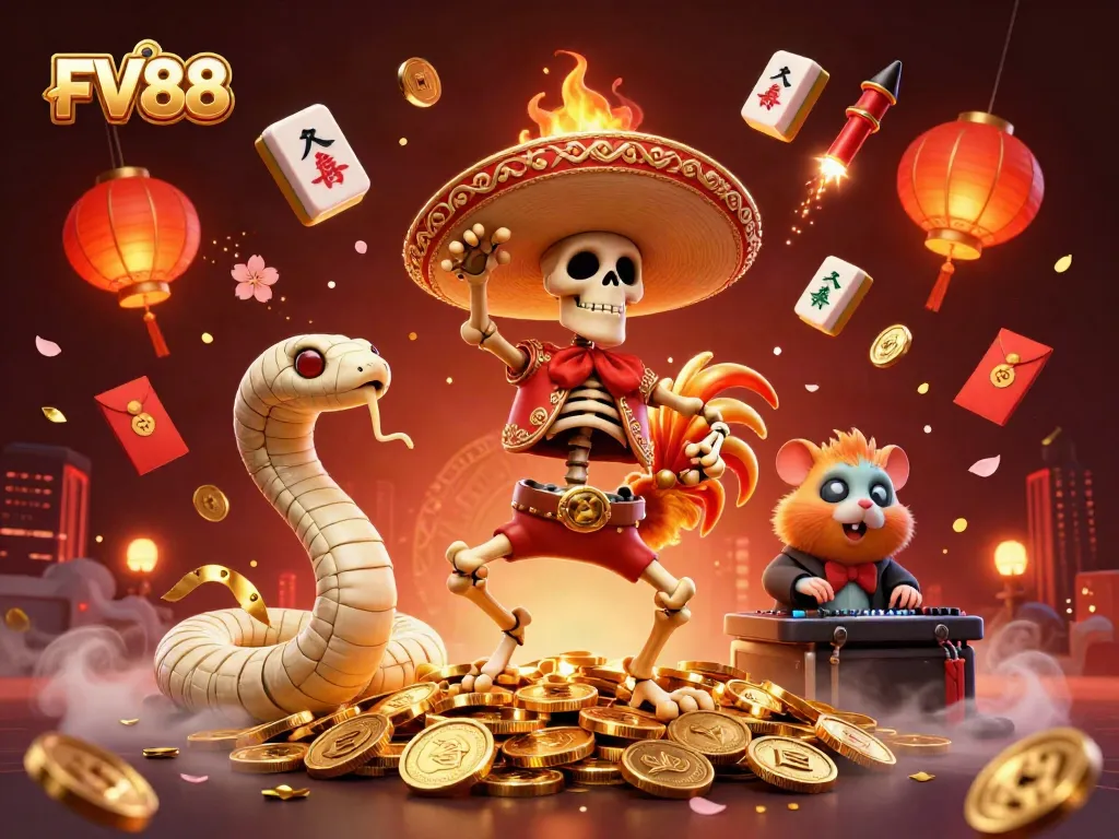 Experience the vibrant FV88 casino atmosphere with a festive 3D scene featuring colorful characters and gold coins.