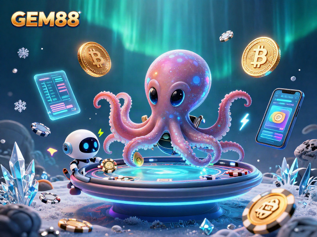 GEM88 alien octopus engages players in a cryptocurrency poker game with vibrant visuals and holographic elements.