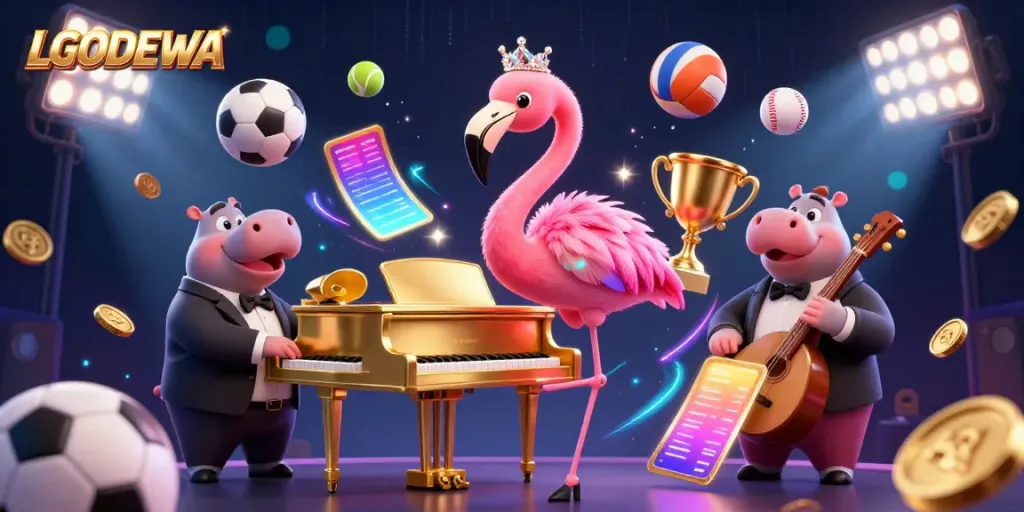 Experience dynamic gameplay and vibrant energy with LGODEWA at this illustrated casino scene.