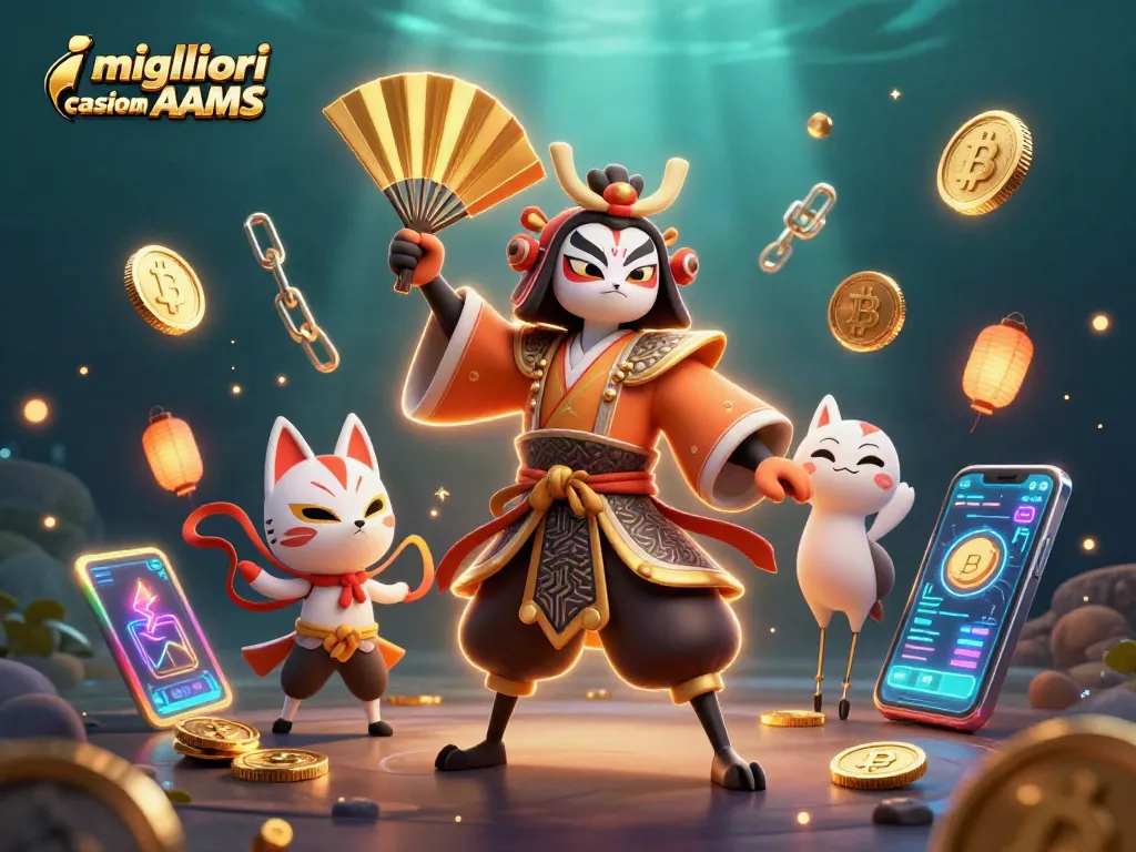Scopri i migliori casino non AAMS con un kabuki guerriero e simboli di criptovaluta in un'illustrazione 3D vibrante.